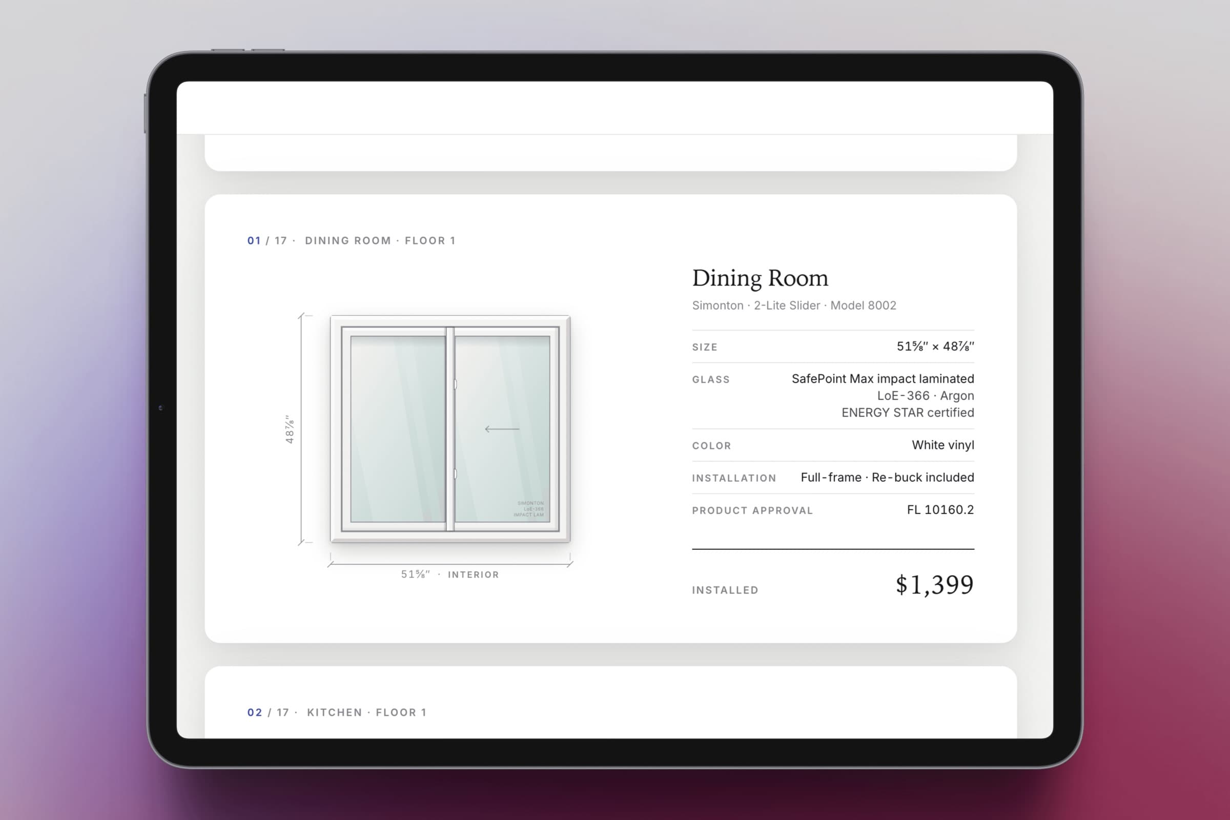 An iPad showing one opening of a quote: the window drawn to size, its glass and color, and the installed price