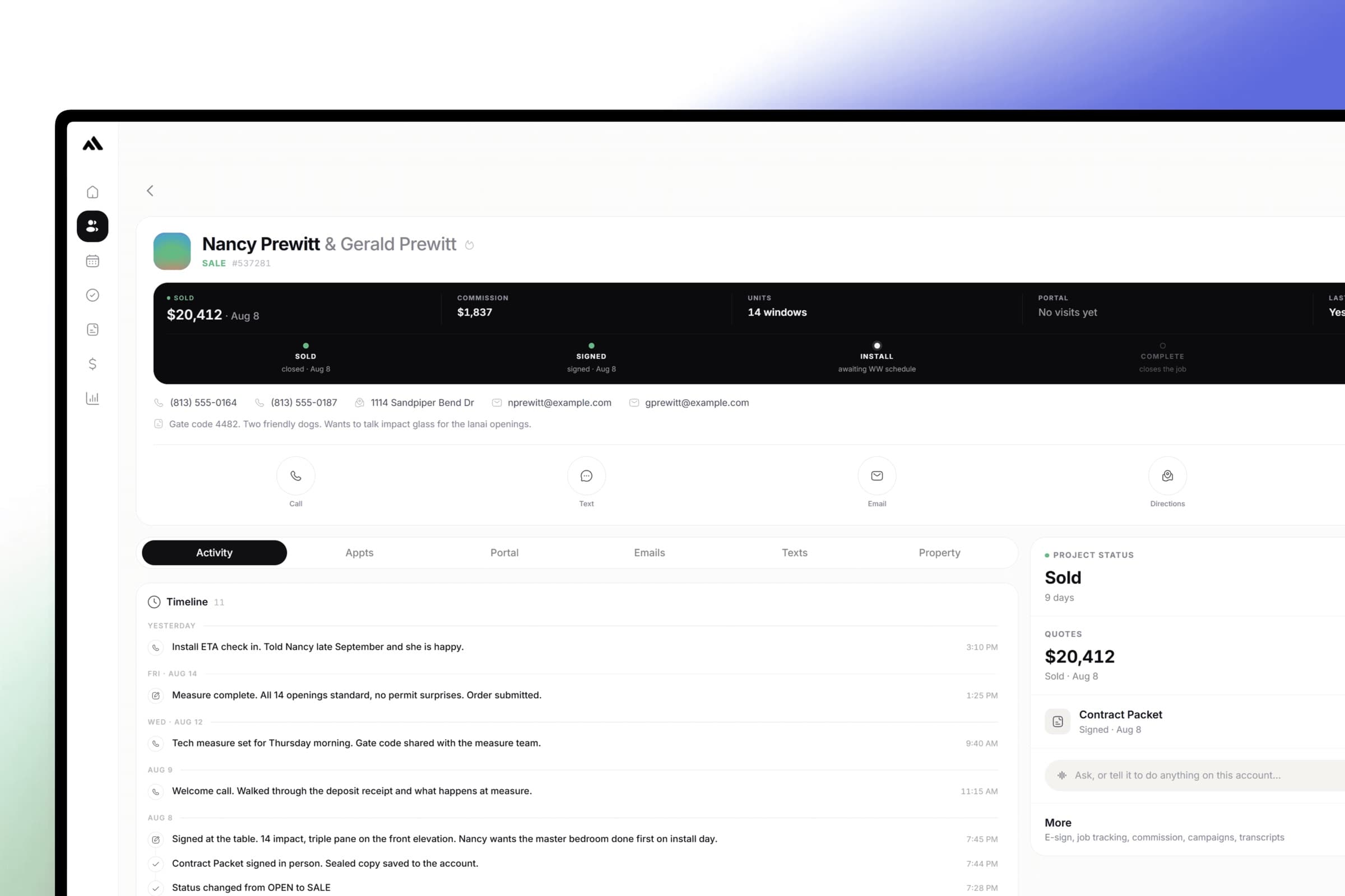A sold customer record: contract value, commission, install status, and the activity timeline