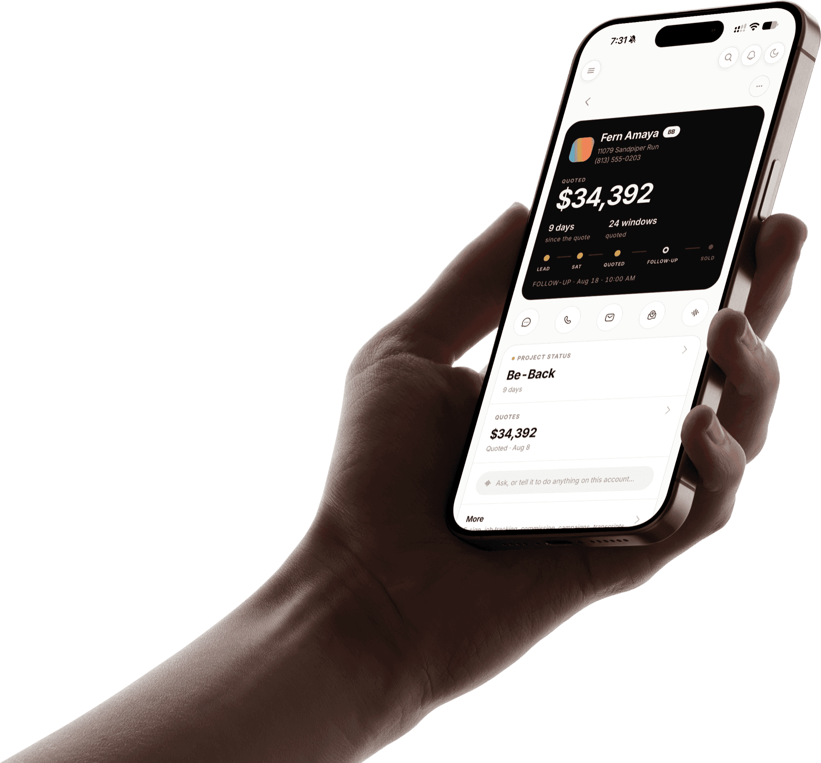 A hand holding an iPhone with a customer’s quote open in AllinOS